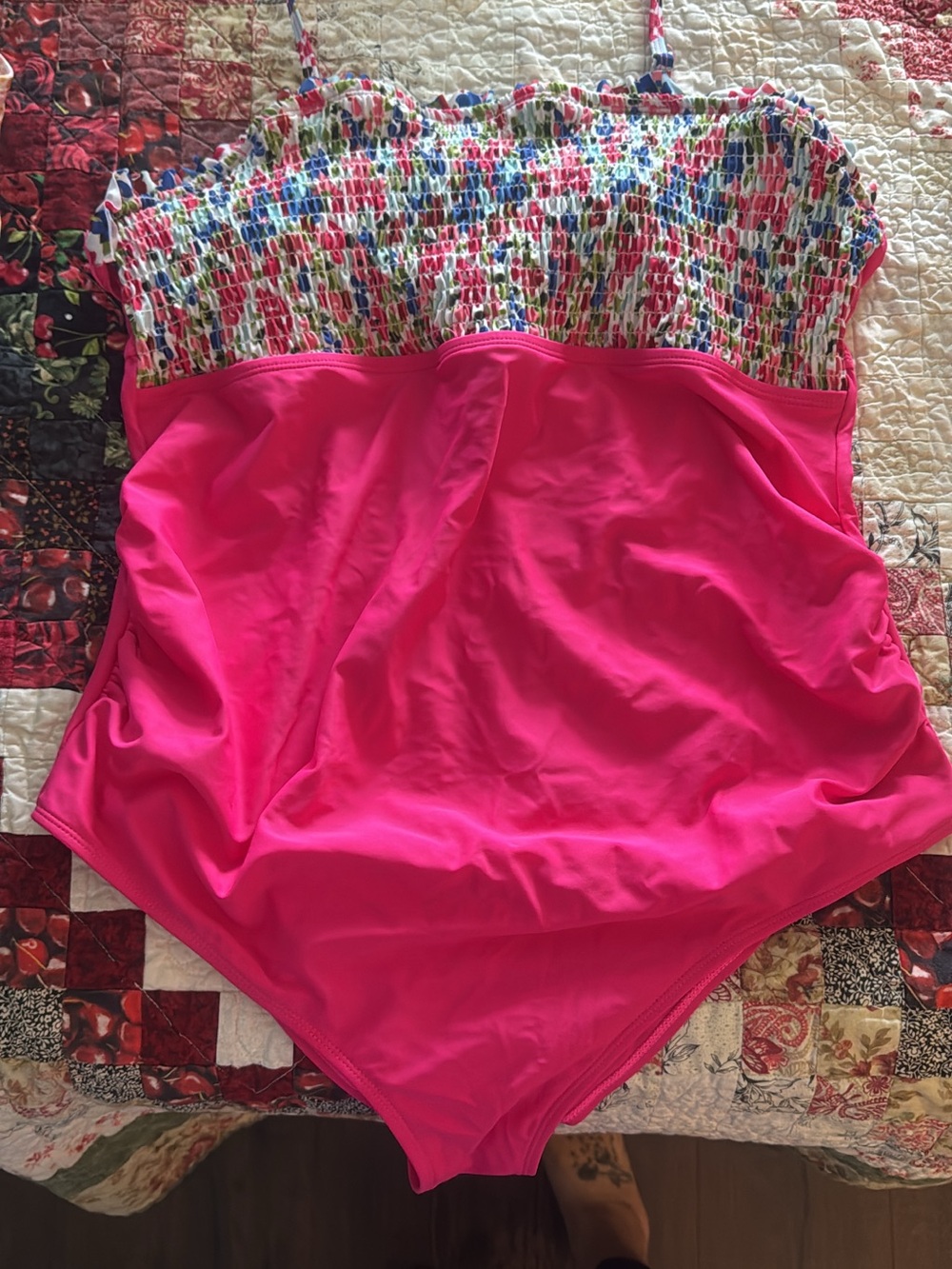 Bright Pink One-Piece Swim - Multicolor Smocked Top